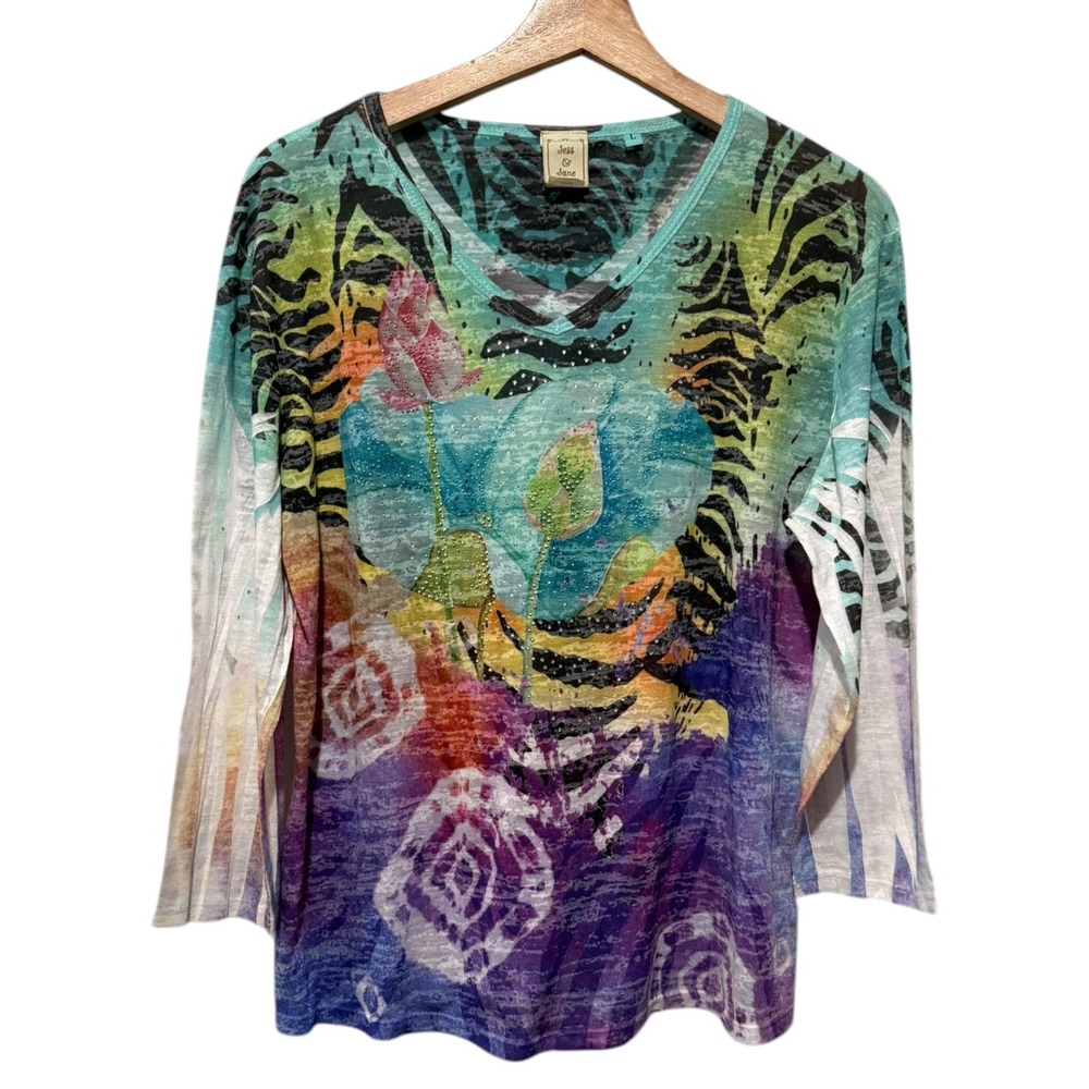 Jess & Jane Top Sz L Artsy Abstract Rhinestone Colorful Boho 3/4 Sleeve
